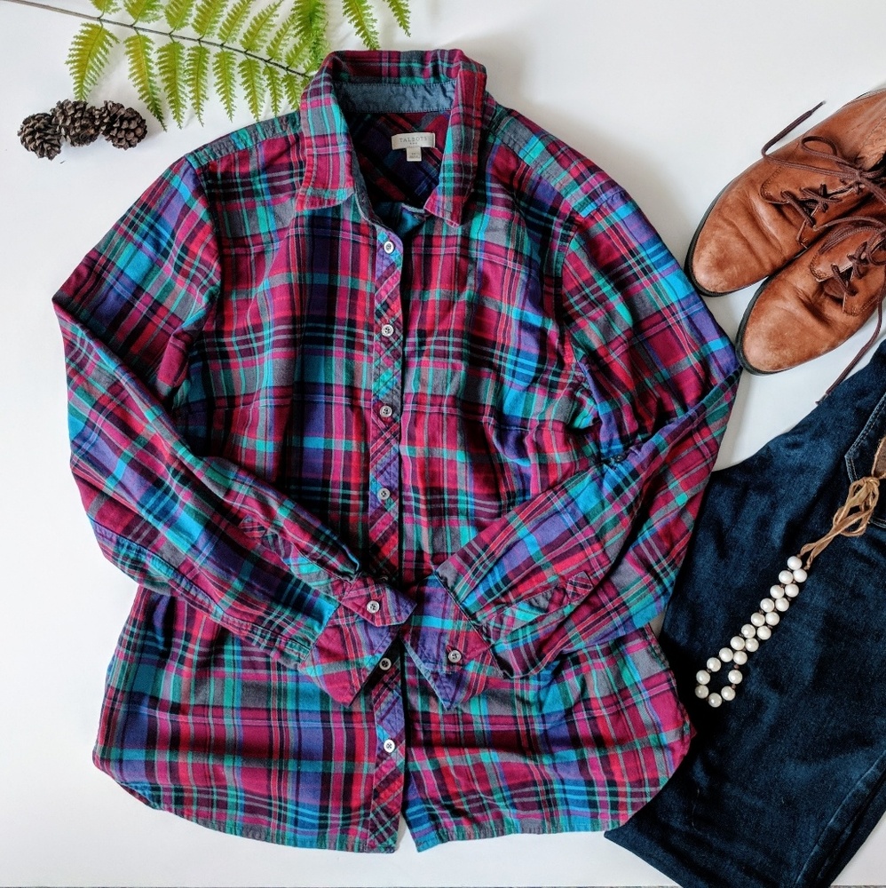 talbots plaid button down green pink blue red